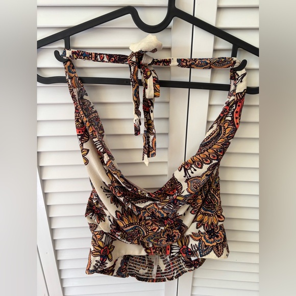 FREE PEOPLE Floral Paisley Halter Cowl Crop Top - White/Multi - Picture 4 of 4